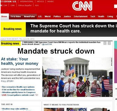 CNN与FOX双双误报医改法判决结果 奥巴马如坐过山车(图)