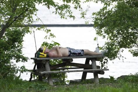 A man takes to the shade and has a nap at Sunnyside Beach on Lake Ontario in Toronto, June 8, 2011. THE CANADIAN PRESS/Nathan Denette.