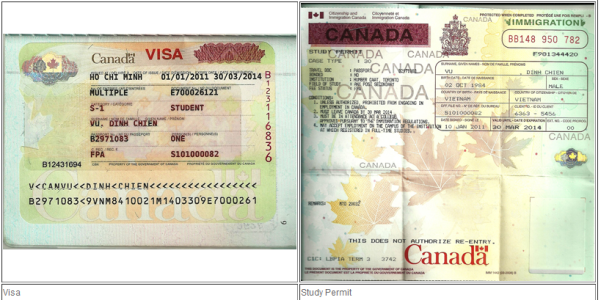 左边是visa，右边是study permit