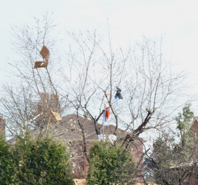 民宅爆炸后，木块、隔热棉、衣物等被炸飞，图为爆炸屋前的大树上挂着被炸飞的物件。 （本报资料照片）