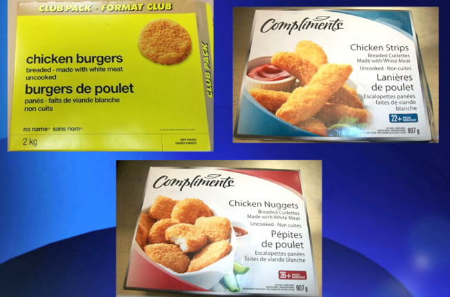 No Name及Compliment牌数款速冻鸡肉食品因含有沙门氏菌被召回。 （图：Citynews）