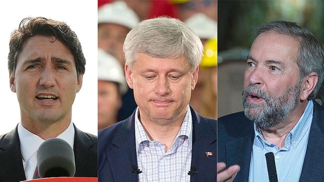 加拿大经济陷入技术性衰退，在野党党魁同声批哈珀政策失败。左起：杜鲁多、哈珀、唐民凯。 （CBC）