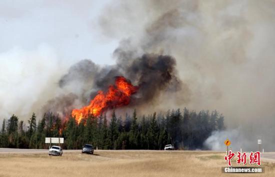 当地时间5月7日，加拿大阿尔伯塔山林大火继�肆虐，当天风向大变，过火面积达到2000平方公里，比�前一天扩大一倍。图为接近火灾核心区麦克默里堡10公里处的�在燃烧的大火。 �新社记者 徐长安 摄