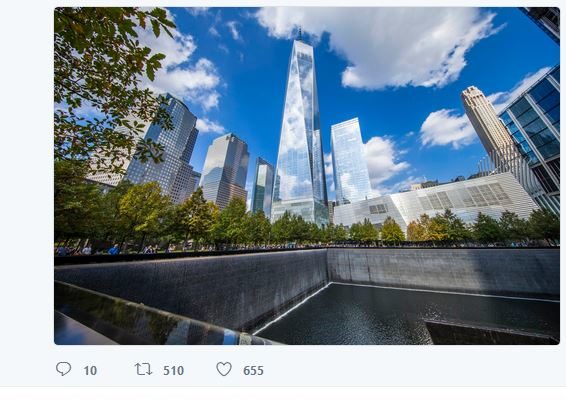 16年后的今天，纽约人又聚集在一起，用他们的方式纪念9/11恐袭事件中罹难的无辜民众。（推特截图）