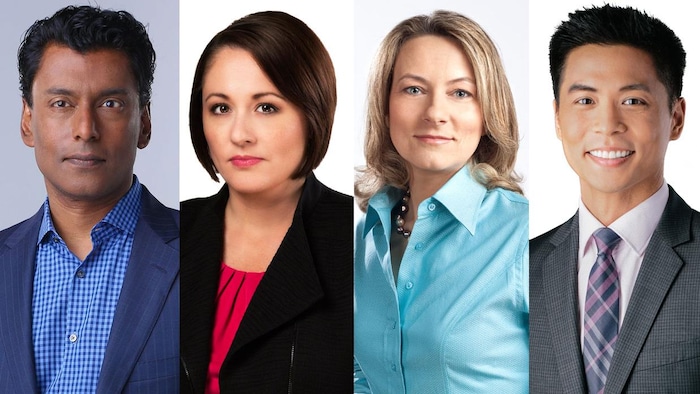 加拿大广播公司 CBC 的主持人 （从左到右） : Ian Hanomansing, Rosemary Barton, Adrienne Arsenault 和 Andrew Chang 