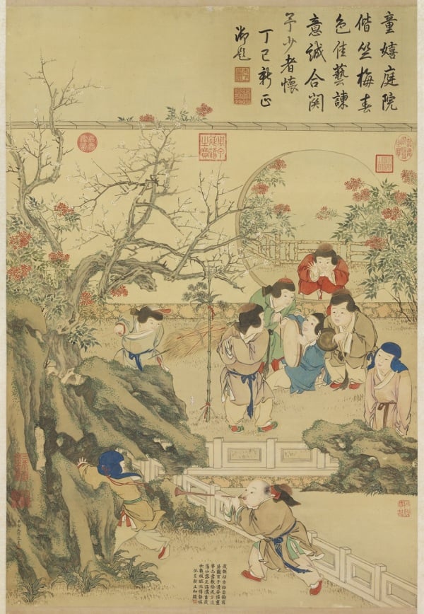 清《金廷标岁朝图》描写欢乐庆祝新春的年节景象